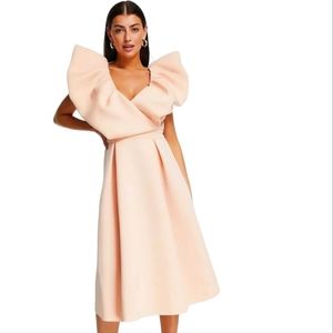 ASOS Design Peach Ehagerated Bubble Sleeve Bodice Ruffle Midi Scuba Knit Dress
